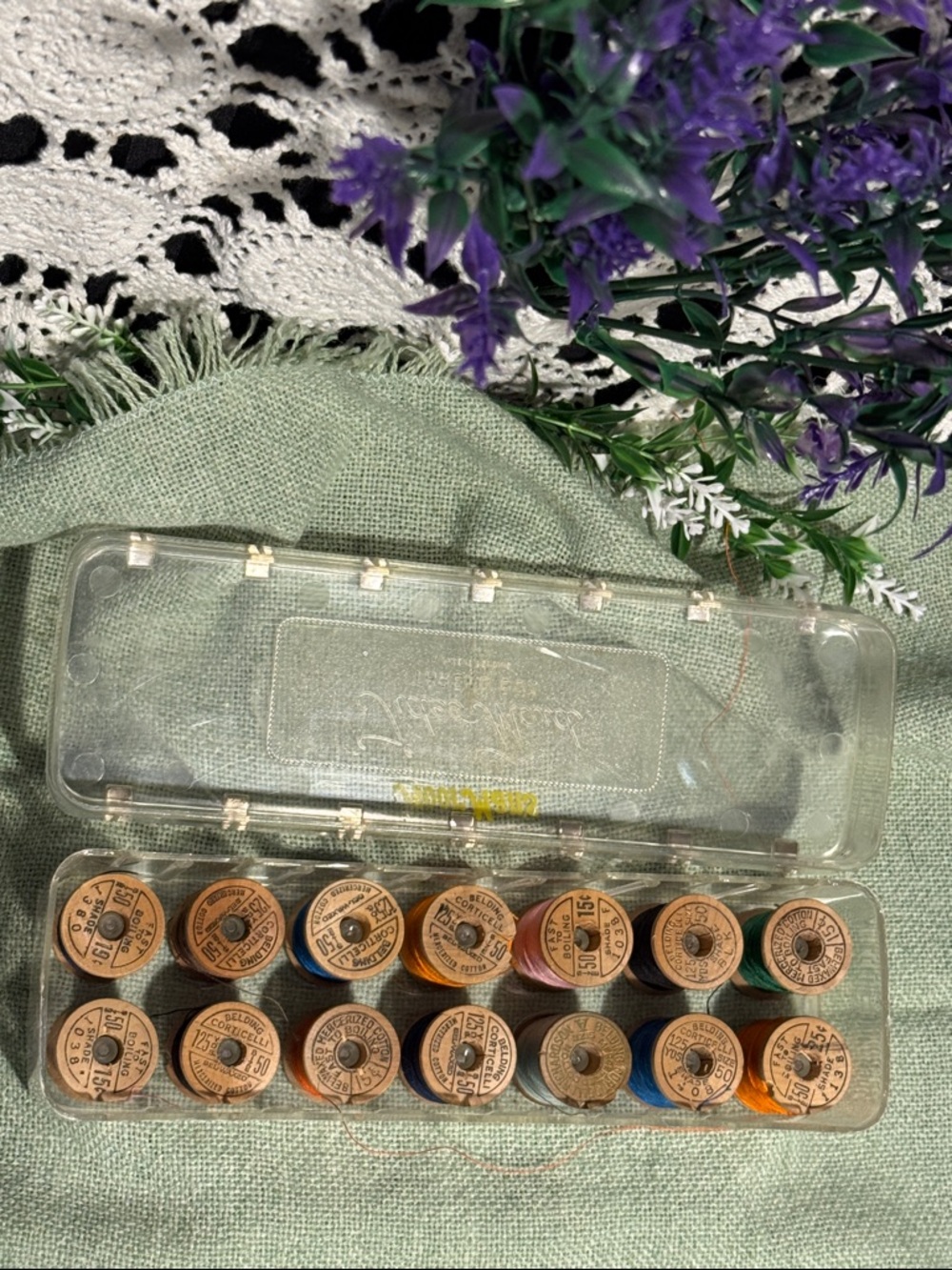 MoorMan’s Vintage Advertising Sewing Thread Case with Wooden Spools.